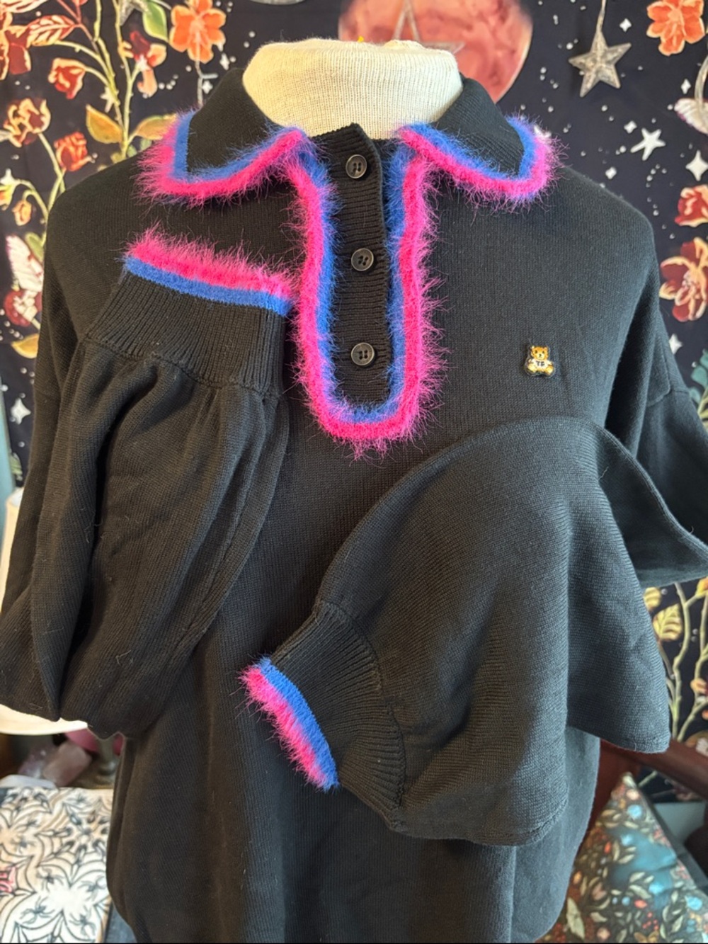 Teddy Fresh Black V-Neck Sweater with Pink & Blue Fuzzy Trim NWT Rare. - Picture 4 of 13